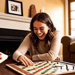 **

Prompt: A cozy living room scene with a person playing Scrabble with friends. Warm lighting, a fireplace in the background, snacks on the table, and no phones in sight. Capture the joy and laughter of the moment. Focus on the expressions of the players and the overall atmosphere of connection.

**