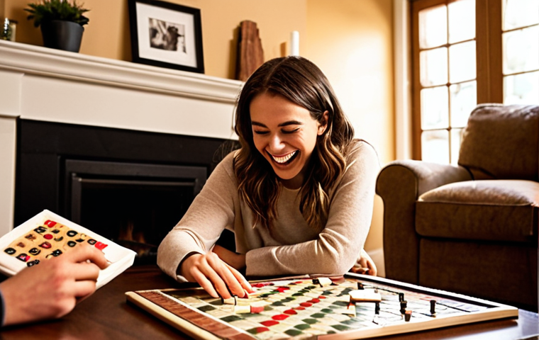 **
Prompt: A cozy living room scene with a person playing Scrabble with friends. Warm lighting, a fireplace in the background, snacks on the table, and no phones in sight. Capture the joy and laughter of the moment. Focus on the expressions of the players and the overall atmosphere of connection.
**