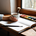 A person sketching in a notebook with paintbrushes nearby, natural light from a window, a cup of tea on the wooden table, cozy and relaxed atmosphere.