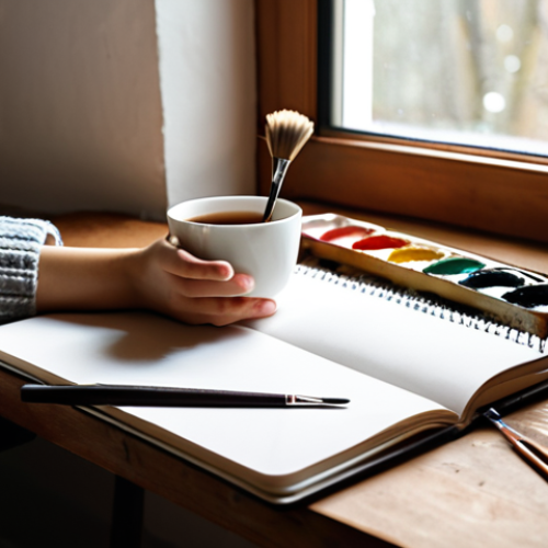 Home 6 A person sketching in a notebook with paintbrushes nearby, natural light from a window, a cup of tea on the wooden table, cozy and relaxed atmosphere.