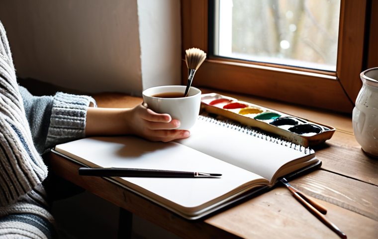 A person sketching in a notebook with paintbrushes nearby, natural light from a window, a cup of tea on the wooden table, cozy and relaxed atmosphere.