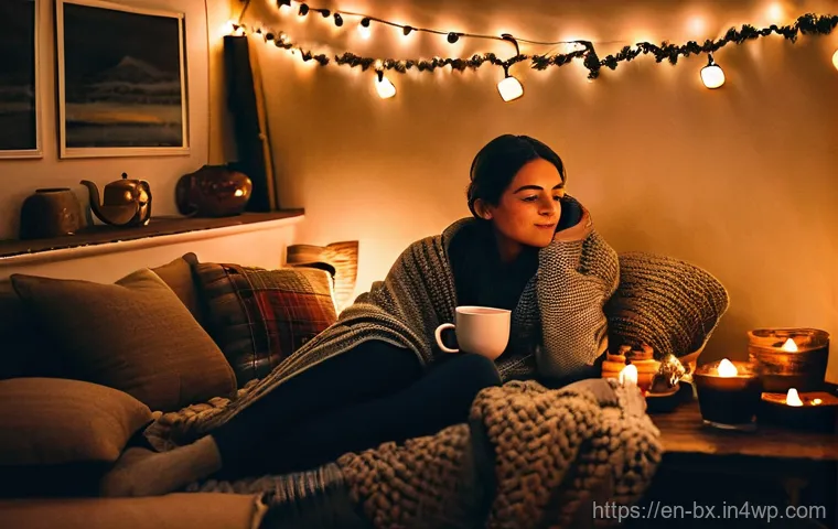 로우테크 라이프에서의 겨울철 준비 팁 - Image Prompt 1: Cozy Layered Comfort in a Grown-Up Fort**