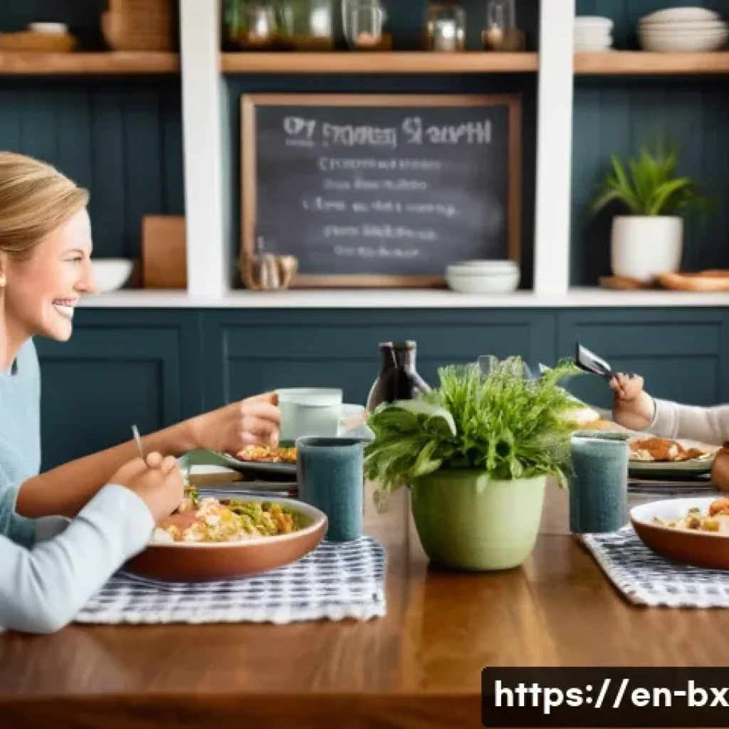 로우테크 라이프의 가족과의 소통 방법 - A warm, cozy family dining room scene during dinner time, with a diverse family of four seated aroun...