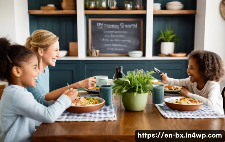 로우테크 라이프의 가족과의 소통 방법 - A warm, cozy family dining room scene during dinner time, with a diverse family of four seated aroun...