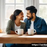 Home 22 로우테크 라이프와 커플의 소통 방법 - A warm, intimate scene of a diverse couple sitting at a cozy kitchen table during morning coffee, en...