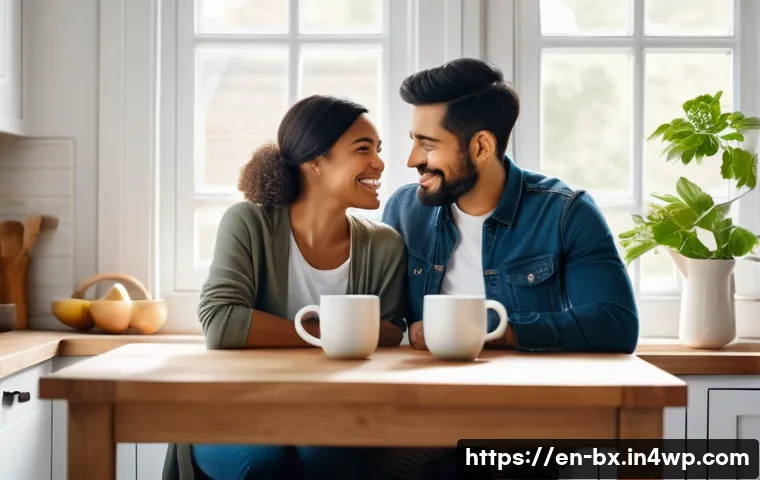 로우테크 라이프와 커플의 소통 방법 - A warm, intimate scene of a diverse couple sitting at a cozy kitchen table during morning coffee, en...
