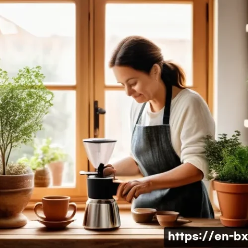Home 33 로우테크 라이프의 영향력 있는 인물들 - A cozy sunlit kitchen scene featuring a middle-aged woman carefully brewing coffee by hand using a m...