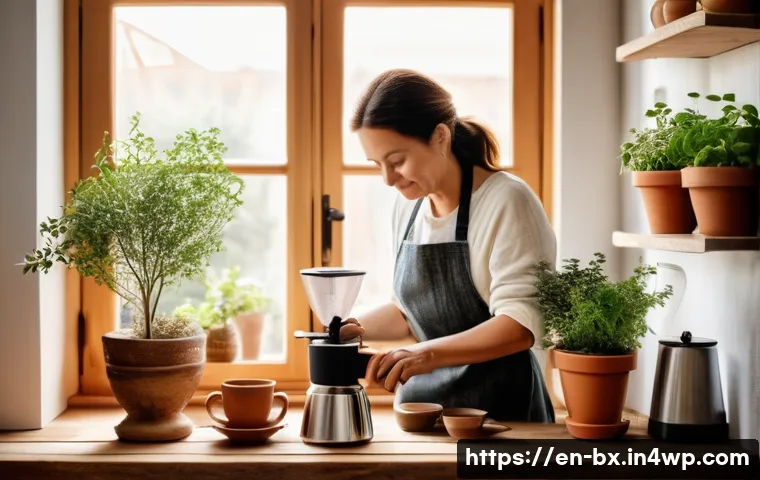 로우테크 라이프의 영향력 있는 인물들 - A cozy sunlit kitchen scene featuring a middle-aged woman carefully brewing coffee by hand using a m...