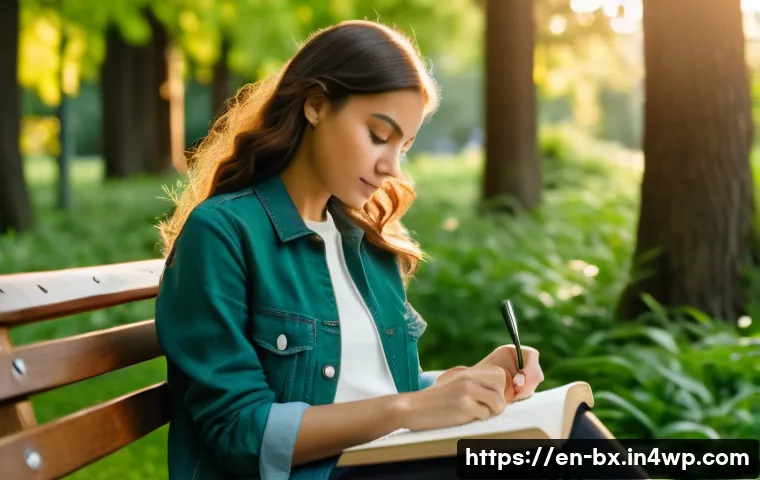 로우테크 라이프의 자아 존중감 기르기 - A serene scene of a young woman sitting peacefully on a wooden bench in a lush green park during gol...