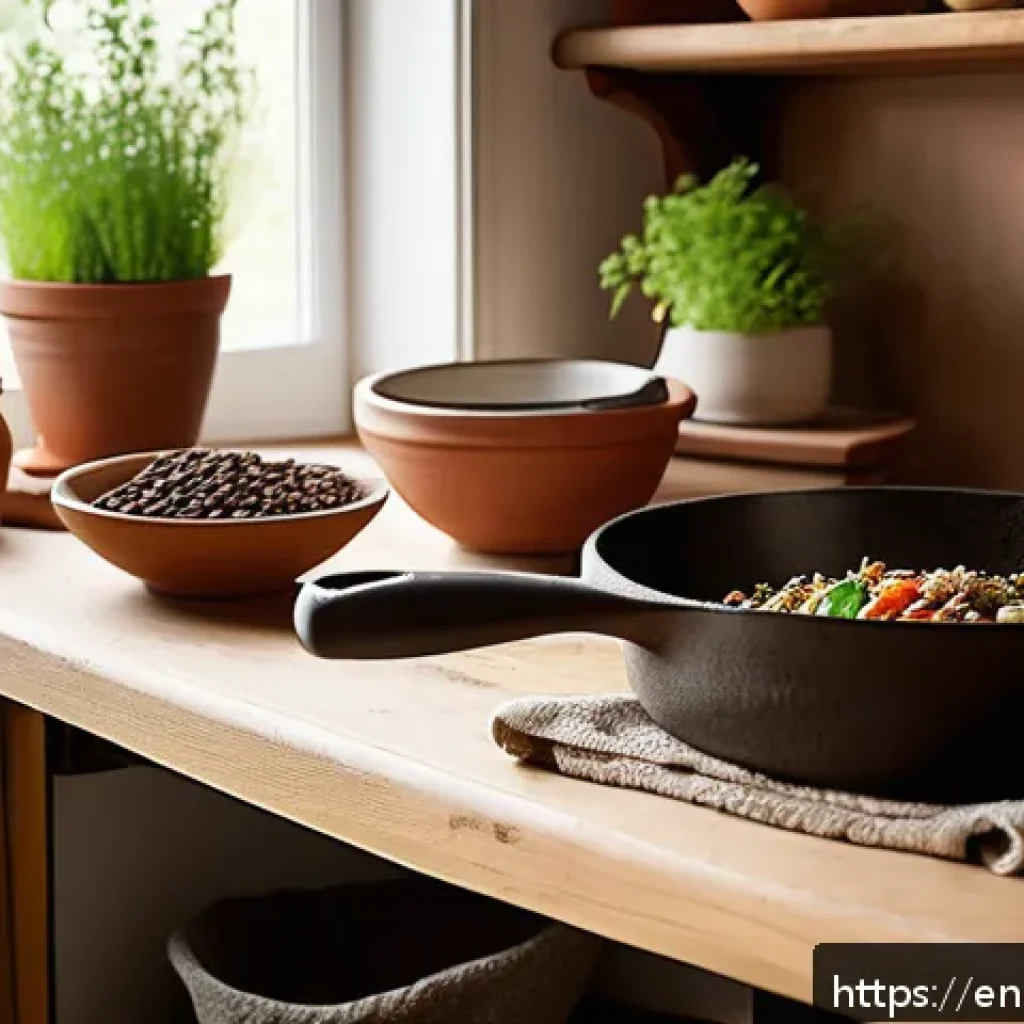 로우테크 라이프에서의 물품 구매 전략 - A cozy, sunlit kitchen scene featuring a rustic wooden table with a cast-iron skillet cooking a simp...