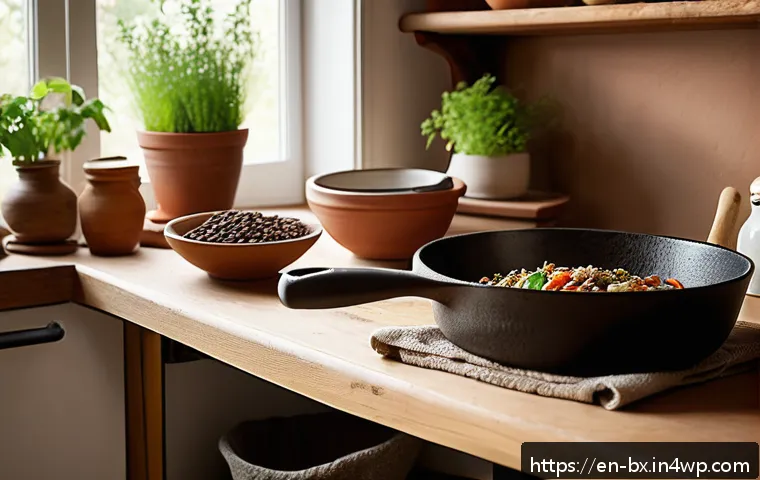 로우테크 라이프에서의 물품 구매 전략 - A cozy, sunlit kitchen scene featuring a rustic wooden table with a cast-iron skillet cooking a simp...