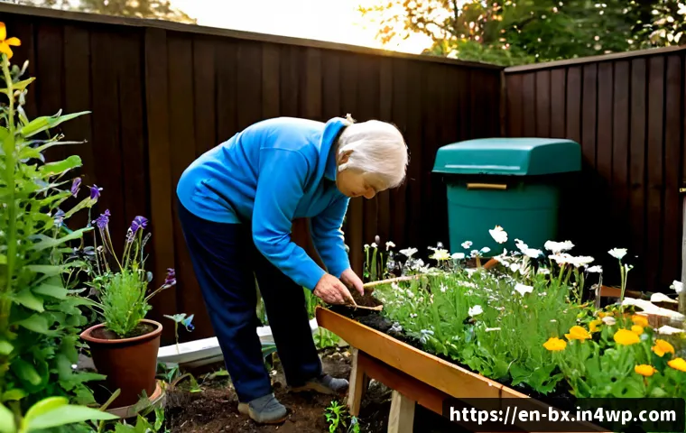 로우테크 라이프에서의 생태계 보호 방법 - Photorealistic backyard low-tech ecosystem care scene, an older adult in practical outdoor clothing ...