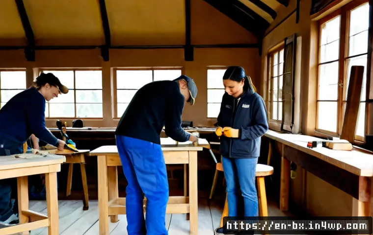 로우테크 라이프를 위한 다양한 워크샵 - Photorealistic community low-tech living workshop in a sunlit neighborhood hall, diverse adults lear...